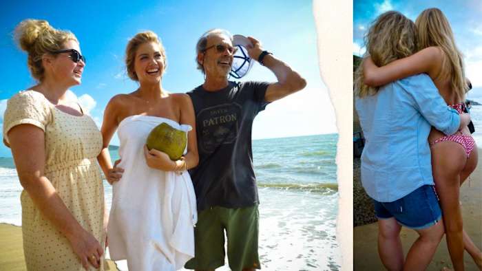 LEFT: MJ Day, Kate Upton and Walter Ioos Jr. after shooting Kate's 2012 cover in Australia. RIGHT: Kate Upton and MJ Day hugging on set.